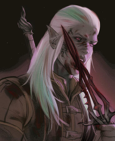 Painted portrait of a drow man licking a bloody blade.