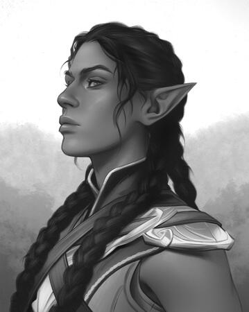 A black and white painted portrait of a high-elf woman wearing the sorcerer garb from Baldur's Gate 3.