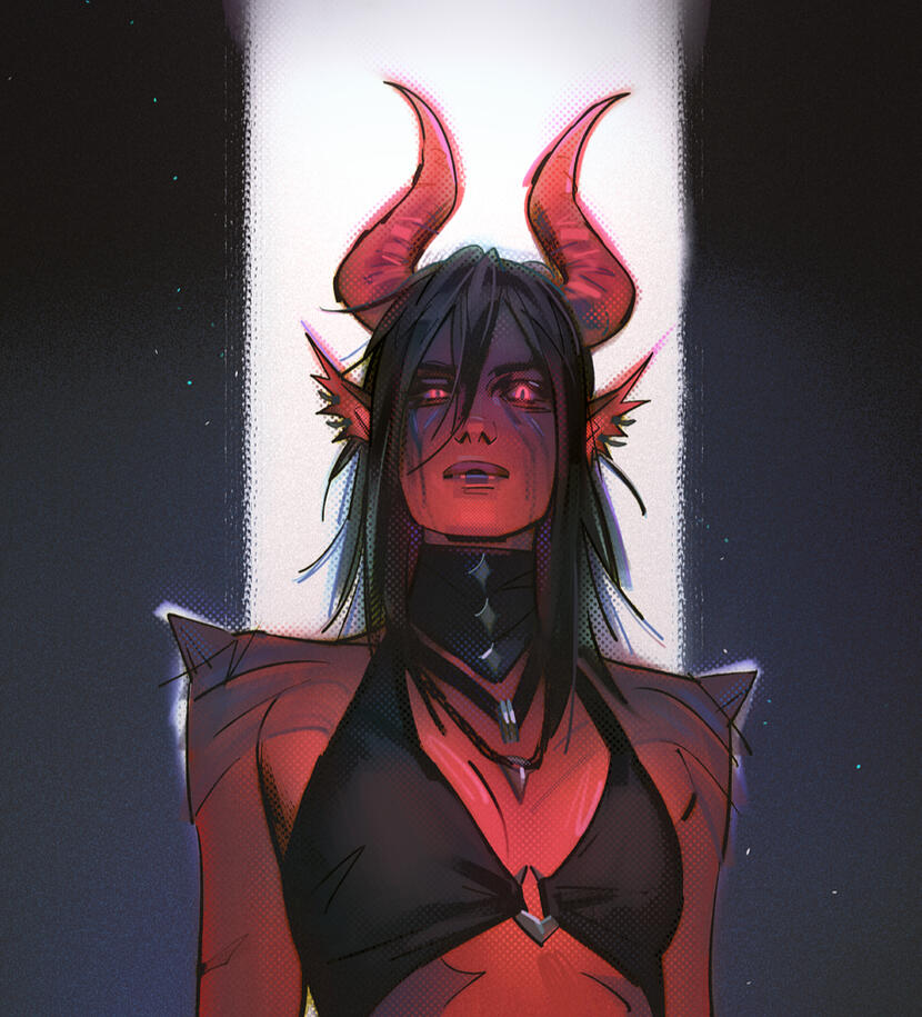 Chest-up portrait order of a red tiefling man.