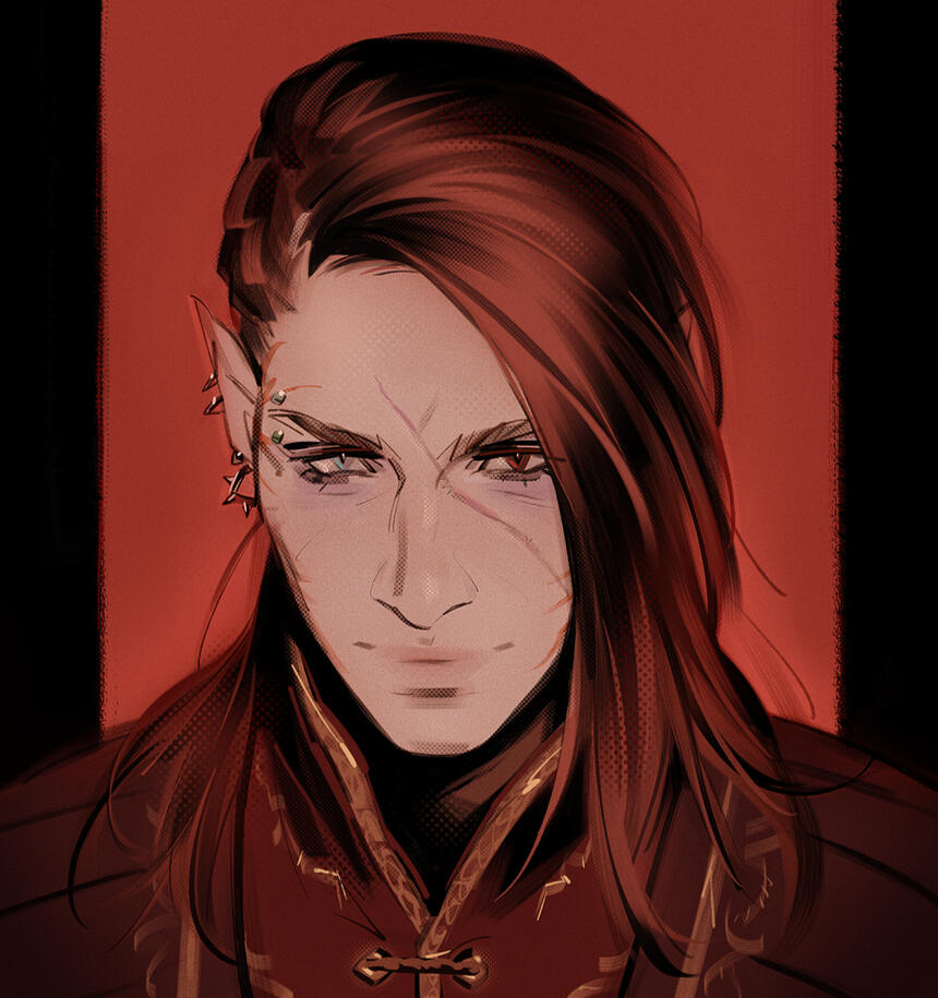 Bust portrait order of a red-headed half-elf man.