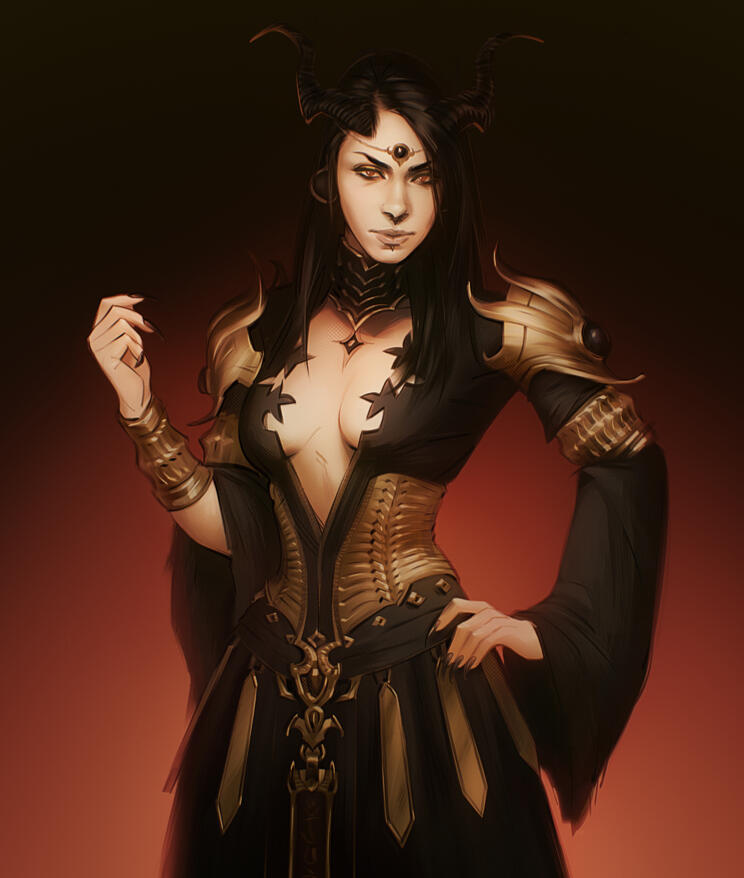 Waist-up portrait order of a woman dressed in black and gold.