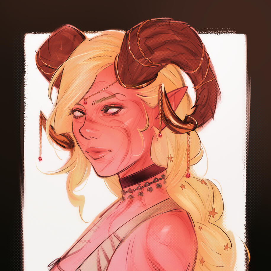 Bust portrait order of a pinkish tiefling woman.