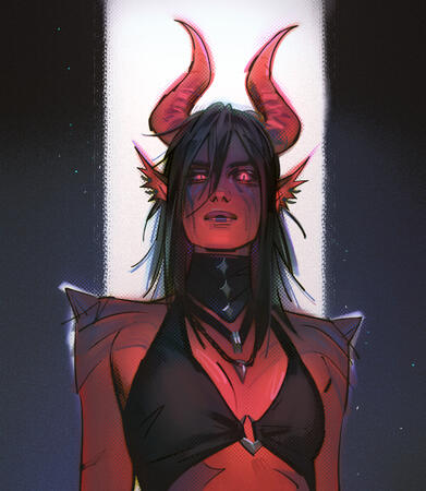 Painted portrait of a red tiefling man.