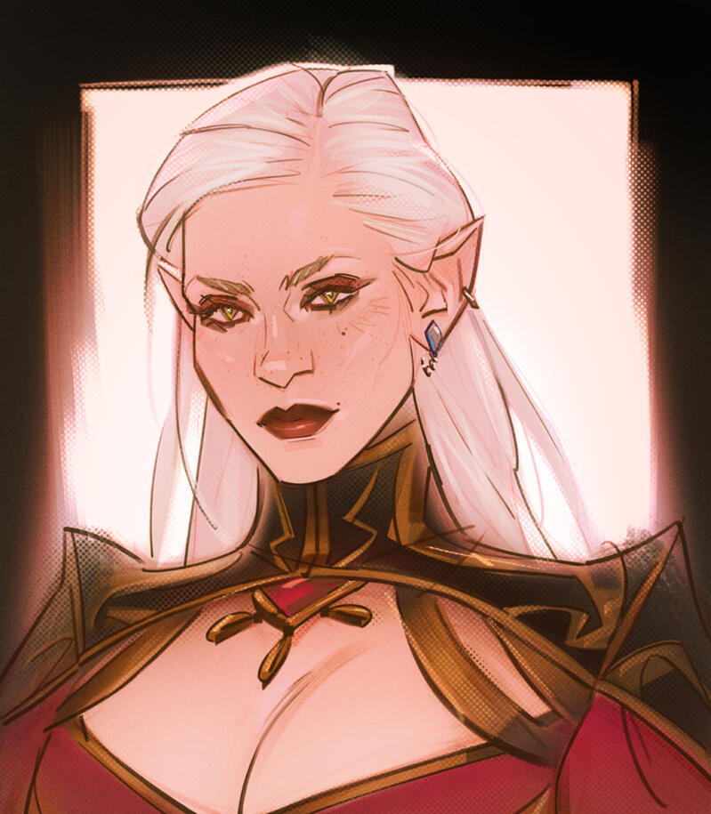 Bust portrait order of a half-elf woman.