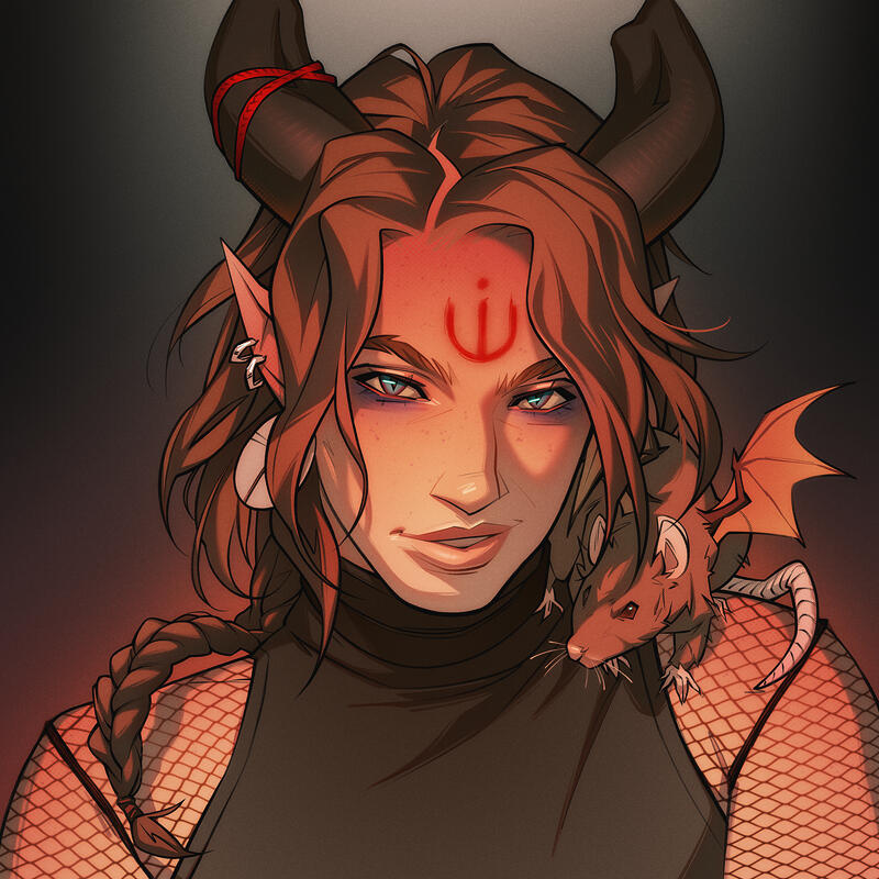 Bust portrait order of a red-headed tiefling man with a rat familiar on his shoulder.