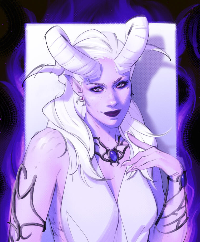 Chest-up portrait order of a lilac tiefling woman.